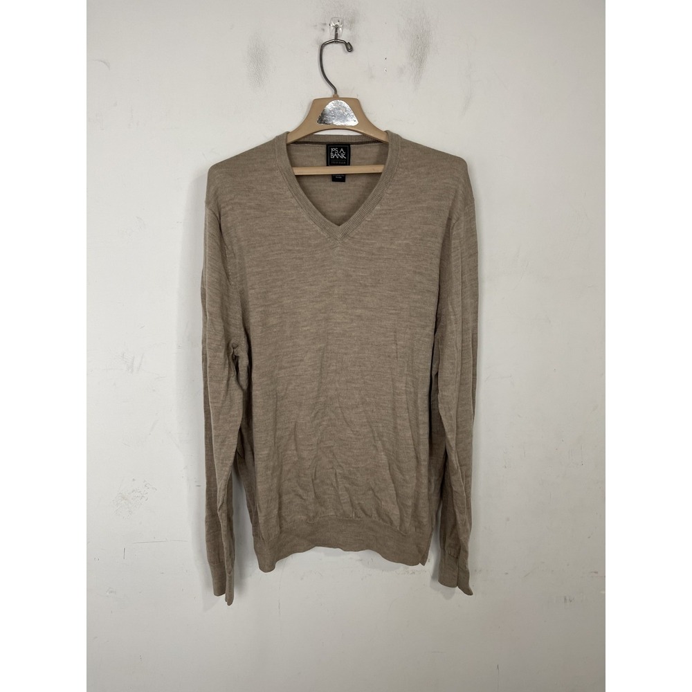 Jos A Bank Traveler Mens XL V-Neck Sweater 100% Merino Wool Beige‎